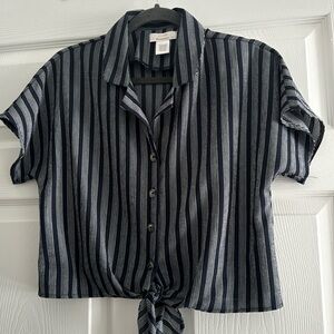 Urban Romantics blue/white stripe shirt. Waist tie. Button front/short sleeved